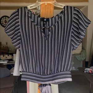 Iz Byer Blue and White Flutter Sleeve Blouse with Tie Front